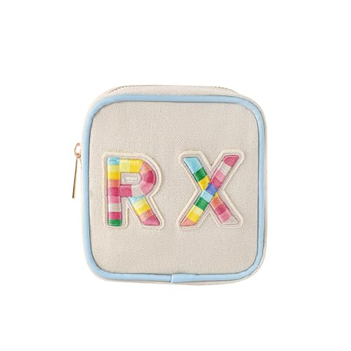 Small Canvas Rx Medicine Packages, Cute Chenille Letter Patch Drug Makeup Bag with Metal Zipper, Mini Travel First Aid Purse Organizer Machine Washable (03Blue-Rainbow) - color: 03Blue-Rainbow