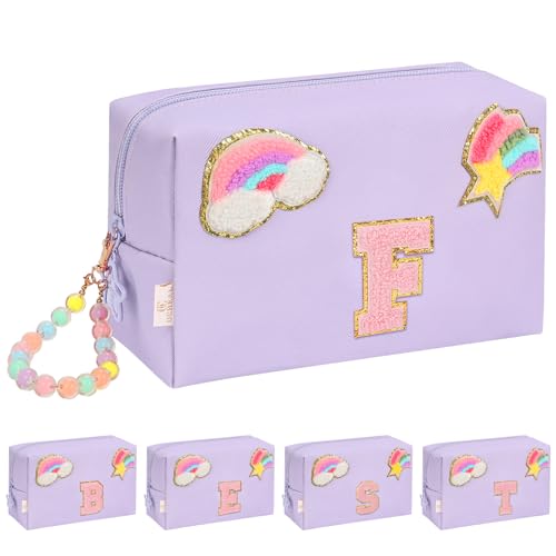 Initial Makeup Bag for Girls, Cute Makeup Bag Small Cosmetic Bag Travel Make Up Organizer Pouch, Birthday Gifts for Girls 4 5 6 7 8 9 10 11 12 13 14 15 Years Old, Teen Girls Gifts Trendy Stuff - color: Purple + Bracelet, style: F