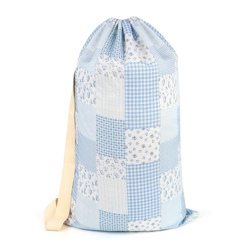 Laundry Bag, Dirty Backpack Laundry Bag For College Travel Laundromat Apartment, With Handles 29" X 18" (Blue Floral Plaid) - color: Blue Floral Plaid