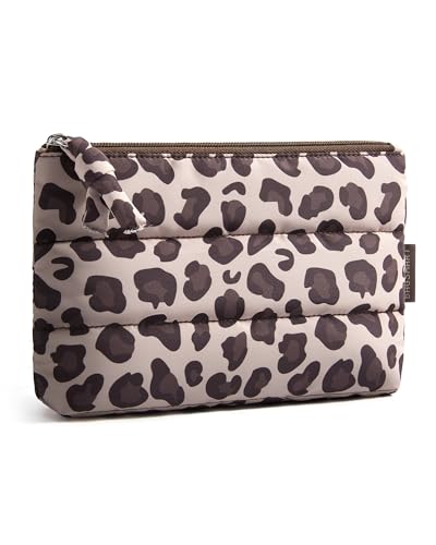 BAGSMART Small Makeup Bag, Puffy Portable Cosmetic Pouch with Charm Zipper, Water-Resistant Travel Organizer for Women (Leopard Print, Small) - color: Leopard Print, size: Small