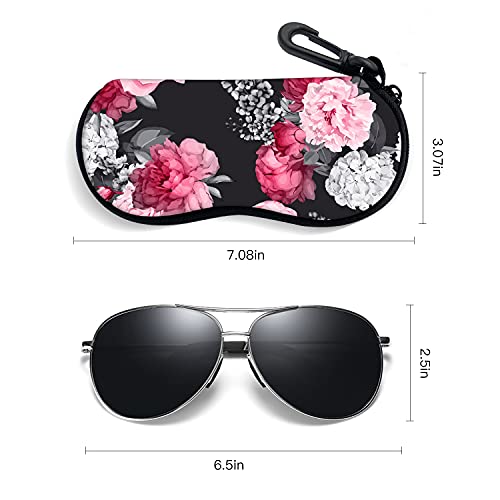 Sunglasses Soft Case with Carabiner Ultra Light Neoprene Zipper Glasses Case - color: Black Flower