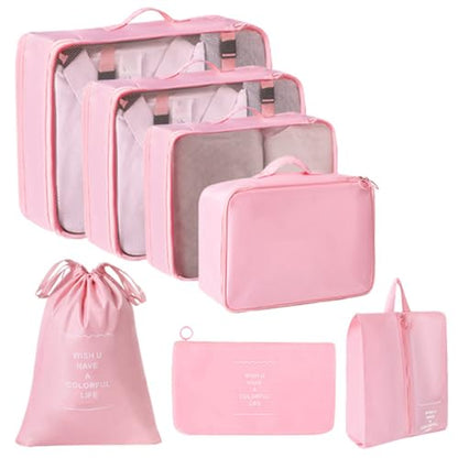 7 Set Packing Cubes for Suitcases Travel Luggage Packing Organizers Travel Essentials Luggage Organizer for Tioletry Accessories Shoe Bag Tioletry Bag Laundry Bag (Pink, 7 Set)