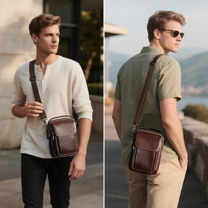 Augus Leather Small Messenger Bag For Men Crossbody Handbag Shoulder Sling Travel Bags for Men Purse Daypack Magnetic Buckle - color: Coffee