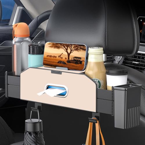 Back Seat Car Organizer,5 in 1 Multifunctional Car Back Seat Storage Box with Trash Can Drink Cup Holder Tissue Box, for Hold Phone,Snacks, Drinks, Handbag-Beige - color: Beige