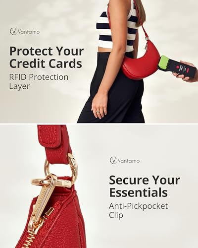Vantamo Crescent Bags For Women with RFID Protection, Half Moon Clutch Purses for Women with Anti-Theft Clip for Extra Safety - color: Red