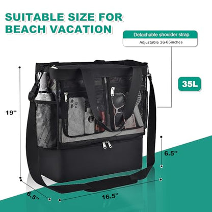Beach Bags for Women, Large Beach Tote Bag Waterproof Mesh Swim Pool Bag with Cooler for Travel Vacation Essentials - color: Black