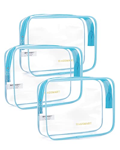 BAGSMART Clear Toiletry Bag, 3 Pack TSA Approved Travel Toiletry bag Carry on Travel Accessories Bag Airport Airline Quart Size Bags Water Repellent Makeup Cosmetic Bag for Women (Blue-3pcs) - color: Cerulean Blue, size: 3 Pack, Medium