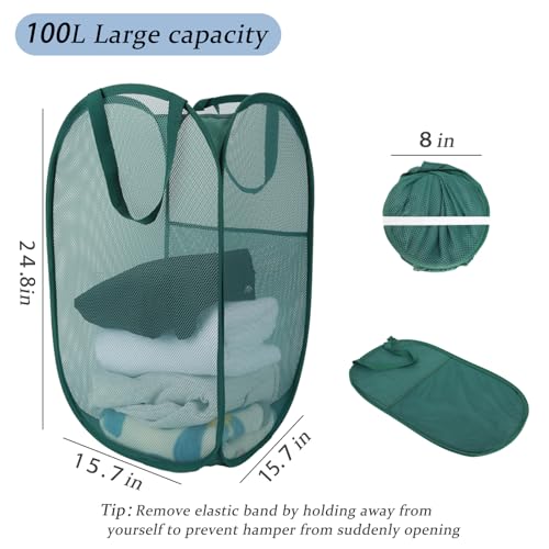 Upgraded 100L Extra Large Collapsible Laundry Baskets, 2 Pack XL Mesh Pop Up Laundry Hamper with Handles, Portable Travel Laundry Basket, Foldable Hamper. Green - color: Green, size: 2-Pack Vertical