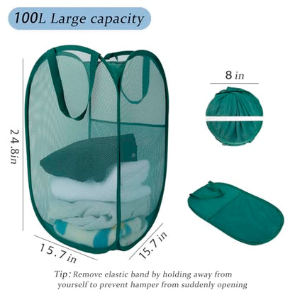 Upgraded 100L Extra Large Collapsible Laundry Baskets, 2 Pack XL Mesh Pop Up Laundry Hamper with Handles, Portable Travel Laundry Basket, Foldable Hamper. Green - color: Green, size: 2-Pack Vertical
