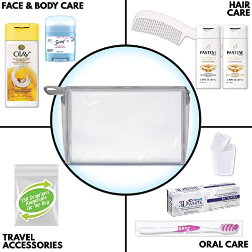 Convenience Kits International Women's 10-Piece Deluxe Kit with Travel Size TSA Compliant Essentials, Featuring: Pantene Hair Products in Reusable Toiletry Bag - Clear color - size: Quart, style: Olay Kit