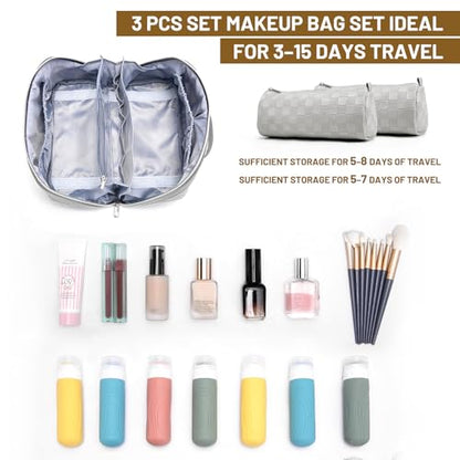 BOYATU Travel Makeup Bag Organizer: 3 Pcs Set Large Capacity Cosmetic Bags Holds 10–20 100ml Full-Size Bottles - 180°Open-Flat Make up Case 3-sec touch-up - Toiletry Bag Gift women (03-A-Gray) - color: 01-F-Gray