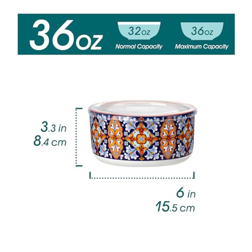 vancasso 36 oz Ceramic Bowls with Lids Set of 4, 6 Inch Food Storage Containers & Prep Bowls for Leftovers, Soup, Cereal, Meal Prep, Office Lunch, Microwave & Dishwasher Safe, Series SIMI - size: 36 OZ (Set of 4)