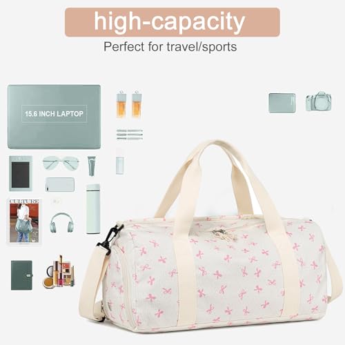 Gym Bag Sports Duffle Bag with Wet Pocket Weekender Overnight Bags with Waterproof Shoe Compartment for Girls Kids Women Dance Workout Travel Bags - color: Bow Pink