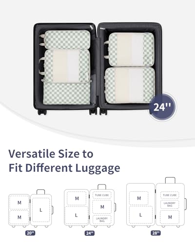 Narwey 6 Set Compression Packing Cubes for Travel Women Men, Travel Cubes for Carry On Suitcase, Durable Compression Luggage Organizer Bags - color: ZZ-Mint Green Checkerboard