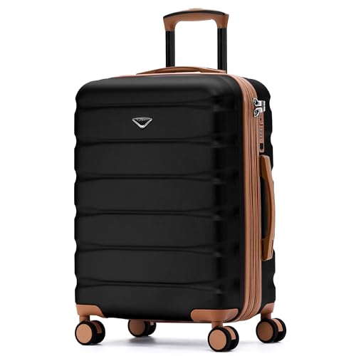 Flight Knight 22x18x10 Expandable Carry On Suitcase Hardside TSA Lock & USB C Port Lightweight Luggage Silent Double Spinner Wheels Maximum Spirit Overhead Carry-On Bag Airlines Approved Black - color: Black/Tan, size: 22x18x10"
