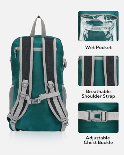 WATERFLY Lightweight Packable Hiking Backpack: 30L Foldable Travel Daypack Ultralight Camping Day Pack for Woman Man - color: Green