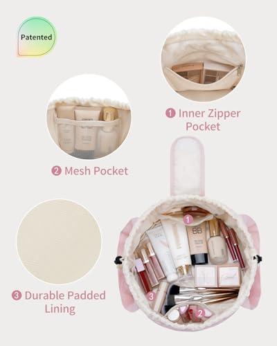 Narwey Lay Flat Open Drawstring Puffer Makeup Bag, Large Quilted Cosmetic Bag for Women Girls, Cute Make up Bags with Handle, Travel Toiletry Bag for Skincare, Brushes & Travel Essentials (Pink) - color: B-Quilted Pink