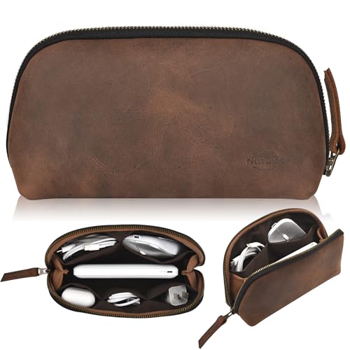 Leather Tech Pouch for Cables Chargers Phone | Tech Bag | Zipper Travel Accessory Pouch | Electronic Organizer Case Travel Bag (Vintage Dark Brown) - color: Vintage Dark Brown