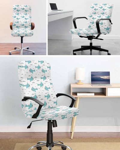 Turquoise Airplane Office Chair Covers, Stretchable Rotating Chair Slipcovers, Modern Abstract Art Cartoon Clouds Spandex Universal Boss Chairs Cover Removable Washable Seat Cover, Large - color: Grey, size: Large