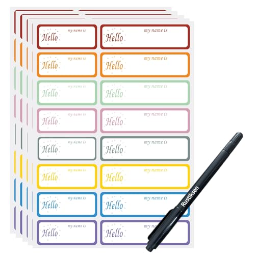 320PCS Waterproof Labels,Washable Waterproof Stickers for Office and Stationery, Reusable Sticky Bottle Tags with Marker – Self-Adhesive Labels for Water Bottles, Boxes - color: Hello Name