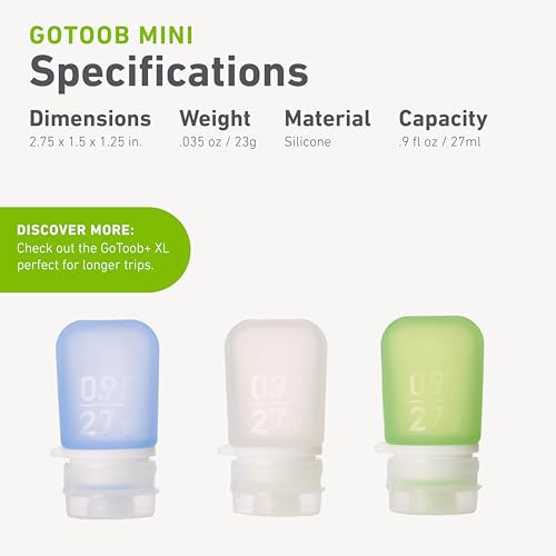 humangear GoToob Bottles - Silicone Leak-Proof Travel Tubes for Toiletries, Camping & TSA Carry-On (3-Pack), Mini (0.9 fl oz; 27ml), Clear/Green/Blue - color: Clear/Green/Blue, size: 0.9 Ounces