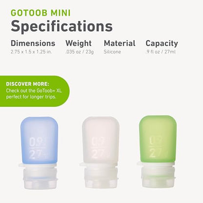 humangear GoToob Bottles - Silicone Leak-Proof Travel Tubes for Toiletries, Camping & TSA Carry-On (3-Pack), Mini (0.9 fl oz; 27ml), Clear/Green/Blue - color: Clear/Green/Blue, size: 0.9 Ounces