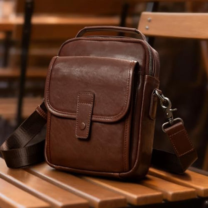 Augus Leather Small Messenger Bag For Men Crossbody Handbag Shoulder Sling Travel Bags for Men Purse Daypack Magnetic Buckle - color: Dark Brown-1