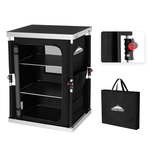 EAGLE PEAK Outdoor Folding Camping Table with Large 3-Tier Storage Organizer and Side Pockets, Easy Set Up Portable Aluminum Camping Kitchen, Black - color: Black, size: 18.9 x 23.6 x 31.5 IN