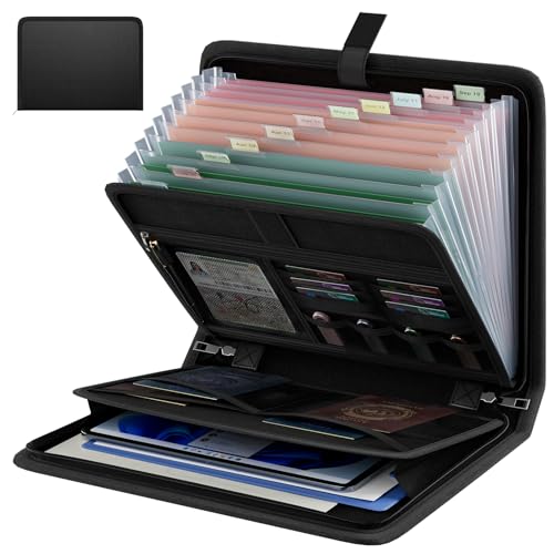 Fireproof Accordion File Organizer, Portable Expanding File Folder with Waterproof Zipper&Labels, Black Document Organizer with 13 Pockets, File Organizer for Important Document/Paper Storage - color: Black