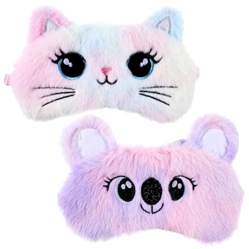 Kids Sleep Mask, 2 Pcs Cute Plush Cat Sleeping Mask for Women Soft Colorful Girls Sleep Masks Comfortable Funny Animal Sleeping Eye Cover for Women Home Travel Gift (Cat, Koala) - color: Colorful, style: Cat, Koala