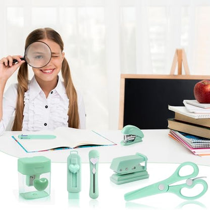Green Mini Office Supply Kit Mini School Supplies Desk Accessory Set Includes Mini Stapler Pencil Sharpener Staple Remover Hole Punch Ballpoint Pen Scissor Box Cutter Paper Clips Sticky Index Tabs - color: Green