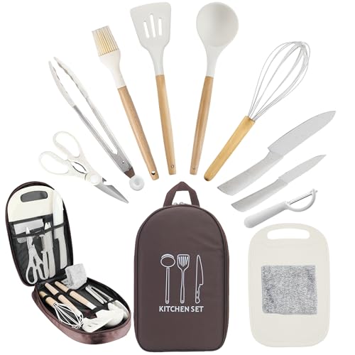 Camping Accessories Kitchen Cooking Utensils Set - Portable Outdoor Camp Cookware Set, Silicone Camper Essentials Gear Must Have Supplies for Travel RV BBQ Grill Picnic Hiking - color: 12PCS White