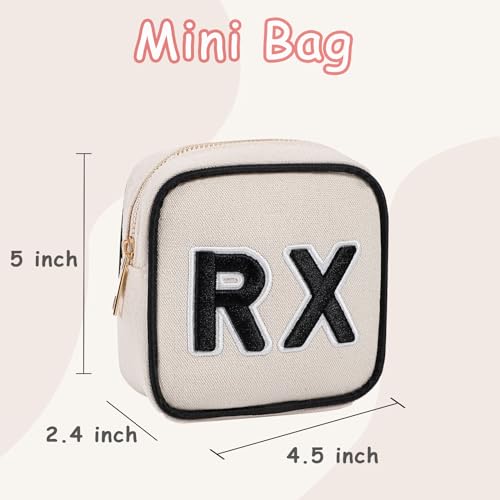 RSRSLEII Small Canvas Rx Medicine Packages, Cute Chenille Letter Patch Drug Makeup Bag with Metal Zipper, Mini Travel First Aid Purse Organizer Machine Washable (01Beige) - color: 01Beige