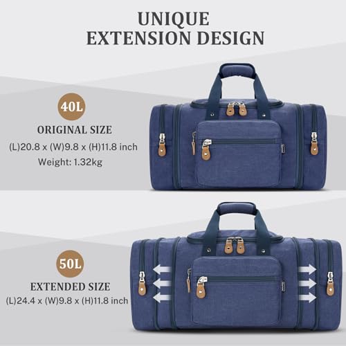 Gonex Canvas Duffle Bag for Travel 50L Expandable Duffel Weekend Overnight Bag men (Blue) - color: Blue, size: Large-50L (Without Shoe Compartment)