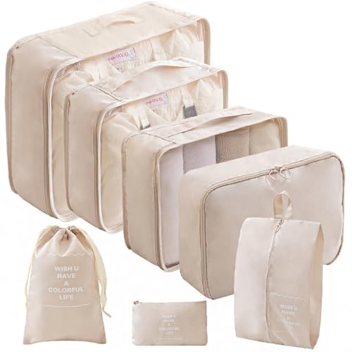 Packing Cubes for Travel - 7 Set Luggage Organizer Bags for Family, Mesh Breathable Travel Packing Cubes for Suitcases Durable Essentials Bags Set with Large Toiletries Bag(Beige)