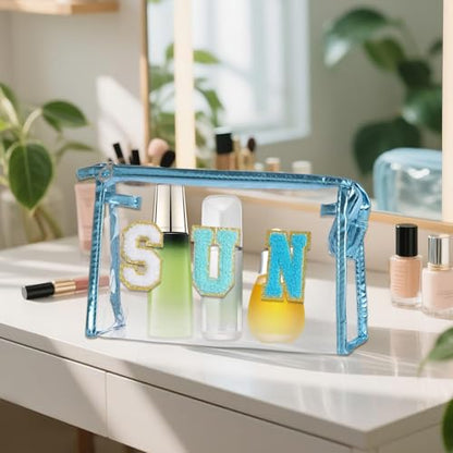 Clear Preppy Patch Cosmetic Bag, Sun Chenille Letter Bag for Beach, Clear Travel Pouch with Zipper, Small Toiletry Bag for Women Girls Teens Gift (Blue) - color: Blue
