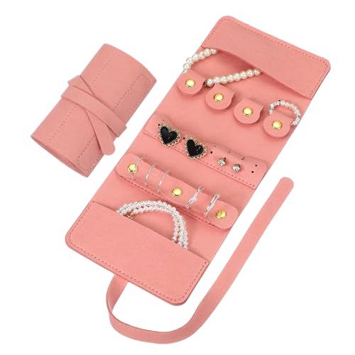 uxcell Travel Jewelry Bag Roll, Foldable Travel Organizer with Tie Close Microfiber Storage Roll for Earrings, Necklaces, Rings, Bracelets, Brooches, Valentine's Day Gifts, Pink - color: Pink