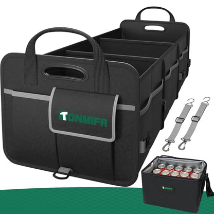 112L Large Capacity Car Trunk Organizer with 20L Insulated Fresh-Keeping Bag, Heavy-Duty 600D Waterproof Oxford Collapsible Storage for SUV, Sedan, Truck, 2 Securing Hooks & Reflective Strips - size: 112L (With Insulated Cooler)