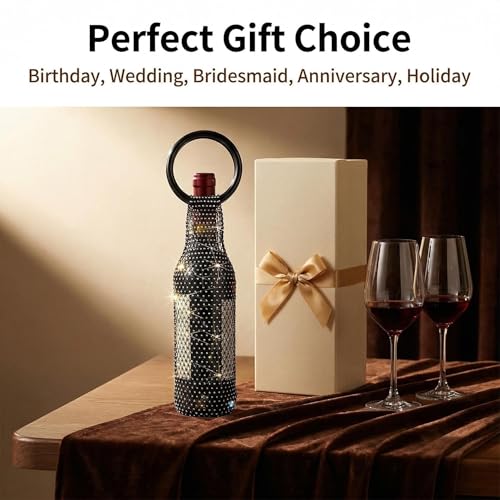 Wine Pouch Mesh Bag, Resin Handle Wine Bag, Sparkly Rhinestone Handwoven Mesh Bags, Party Water Bottle Bags Accessory, Daily Housewarming Party Use (Black) - color: Black