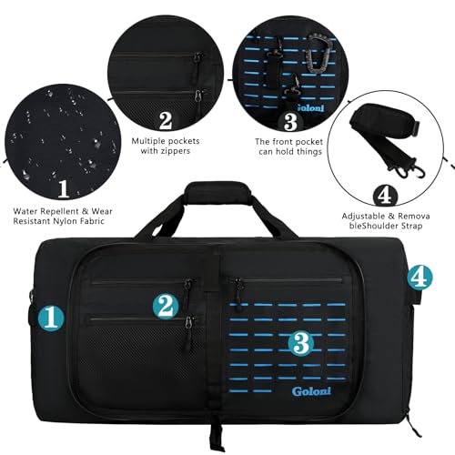 Foldable Travel Duffle Bag for Men Women, Waterproof with Shoe Compartment, 80L 120L Large Collapsible Luggage Bag, Lightweight Packable Duffel for Travel Sports Gym Airline Carry On Checked Bag - color: Black
