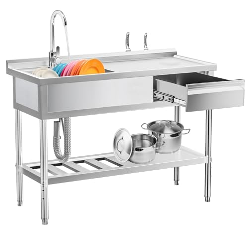 304 Stainless Steel Utility Sink – Free Standing Single Bowl with Workbench, Storage Drawer & Faucet, Hot and Cold Water Pipes for Laundry Room, Farmhouse, Outdoor Use (47") - color: Right Drawer 47'' Sink