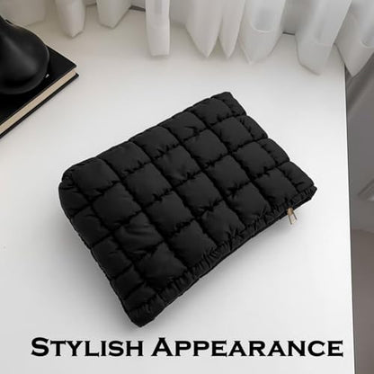 Puffy Quilted Makeup Bag for Women, Cosmetic Bag, Travel Toiletry Organizer Pouch Clutch (black) - color: black
