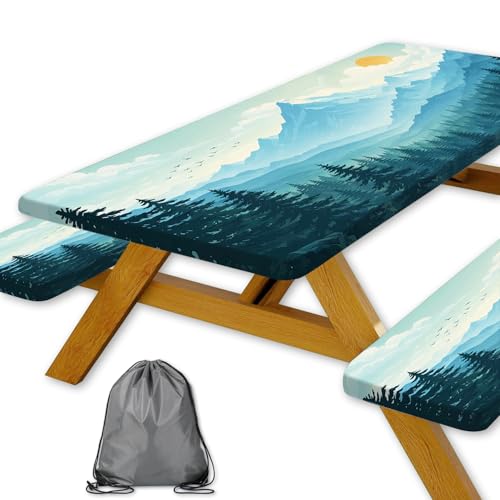 Picnic Table Cover with Bench Covers and Bag, Forest Mountain Sunset Camping Tablecloth, Waterproof Windproof Oilproof Elastic Edges Fitted Tables Cover for Indoor Outdoor 3PCS 30x60 Inch (Green) - color: Green Forest Mountain, size: 30" x 60"