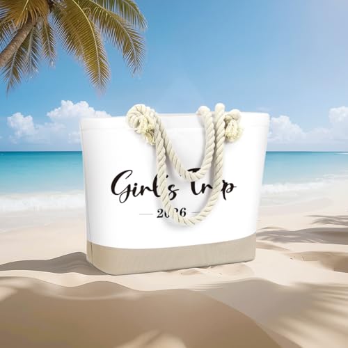 Fokongna Tote Bag For Women, Beach Bag Best Friend Travel Birthday Gifts, Travel Parties Vacation Shopping Essentials - color: Girls Trip White
