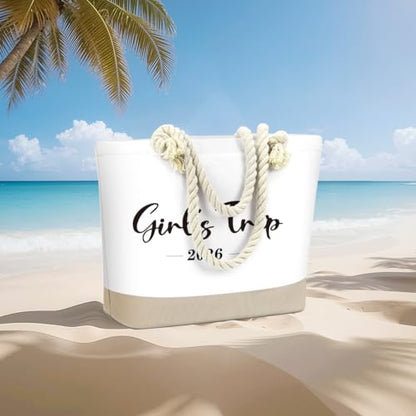 Fokongna Tote Bag For Women, Beach Bag Best Friend Travel Birthday Gifts, Travel Parties Vacation Shopping Essentials - color: Girls Trip White