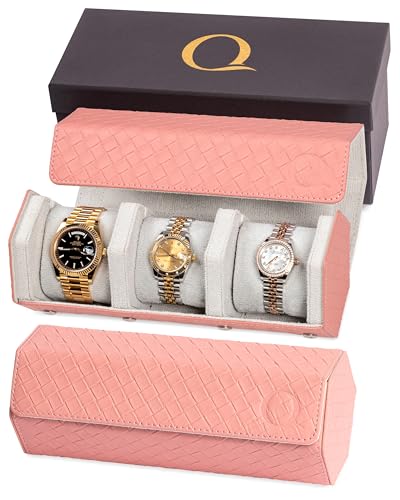 QWATCHBANDS Ladies Leather Watch Rolls for Women - Hexagon Triple Watch Roll Travel Case for 3 Watches - Storage Organizer Genuine Leather with Velvet Interior Display (Woven Pink/Gray) - color: 3 - Woven Pink / Gray