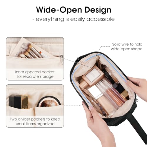 Narwey Makeup Bag Women Wide-open Make up Bag Travel Cosmetic Bag Organizer Toiletry Bag for Cosmetics Toiletries Accessories (Black) - color: Black