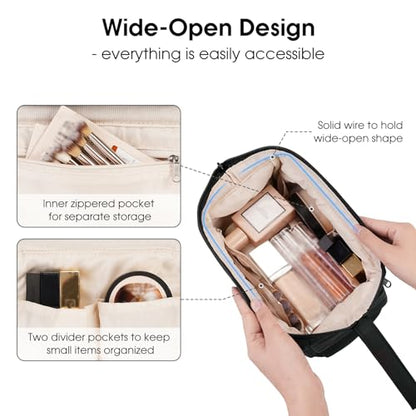 Narwey Makeup Bag Women Wide-open Make up Bag Travel Cosmetic Bag Organizer Toiletry Bag for Cosmetics Toiletries Accessories (Black) - color: Black