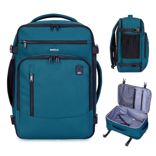 ECOHUB 17" Small Travel Backpack, United Airlines Personal Item Bag 17x10x9 with 16 Pockets, Water Resistant Rucksacks Fit 15.6" Laptop, AirTag Pocket, Lightweight Casual Daypack, 25L, Blue Green - color: Blue Green-2, size: 17 inch underseat
