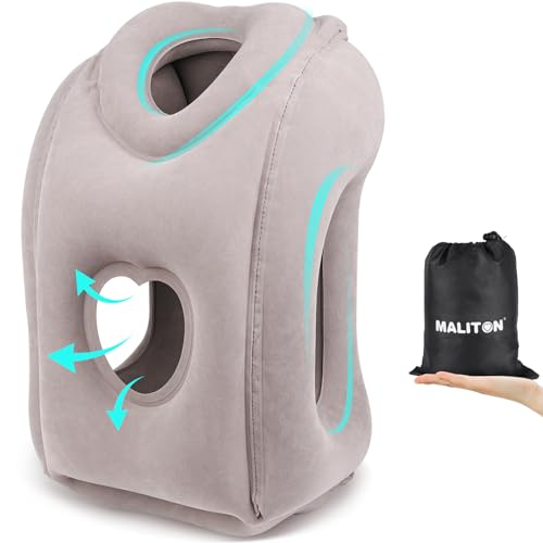 Maliton Inflatable Travel Pillow for Airplane Comfortable Sleeping to Relieve Neck and Shoulder Pain, Support Head Inflatable Pillow for Long Flights, Used for Airplanes, Cars, Trains, Office (Grey) - color: Grey